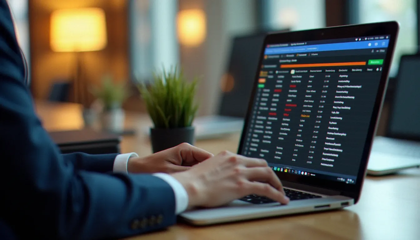 Mains d'un professionnel configurant des règles d'alertes prioritaires sur ordinateur portable dans un bureau moderne