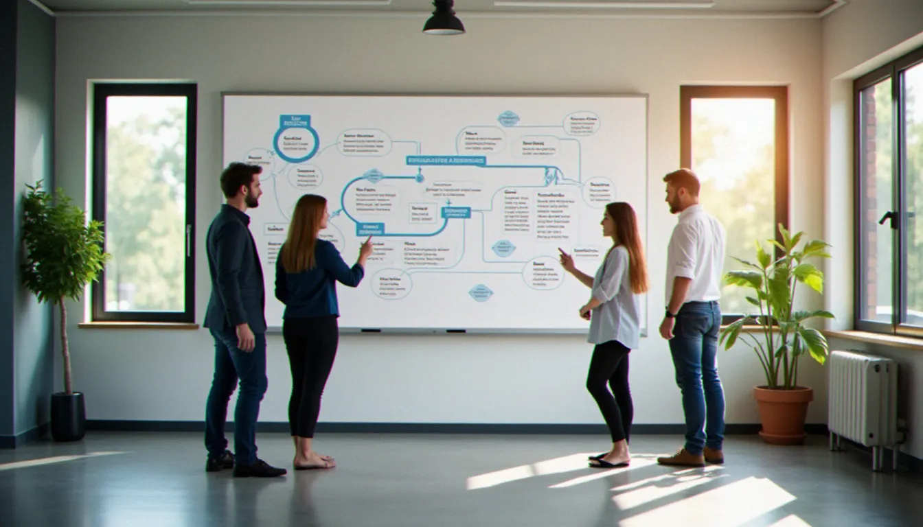 Deux collègues analysant un schéma de processus d'alertes sur tableau blanc dans un espace de travail lumineux et organisé