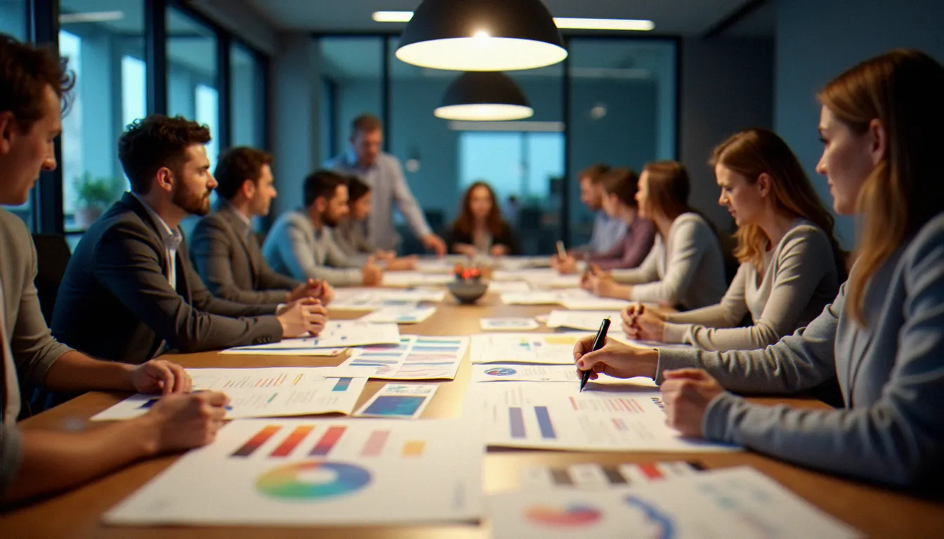 Équipe réunie autour d'une table de réunion pour une session de formation à la charte graphique et à la gestion des couleurs en entreprise