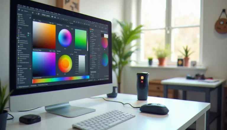 Poste de travail professionnel avec écran calibré affichant des échantillons de couleurs, illustrant un guide gestion des couleurs en contexte studio
