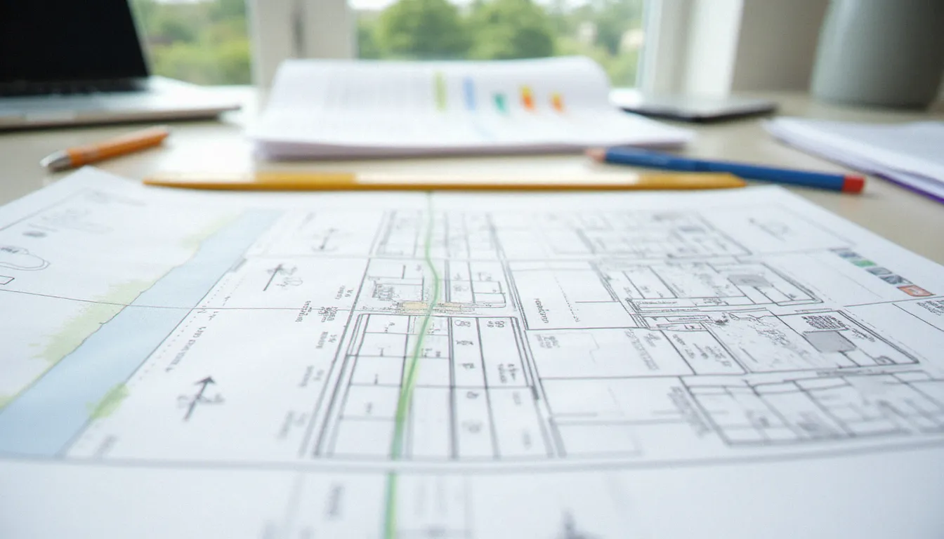 Bureau d'ingénieur hydraulicien avec plans de zonage pluvial et documents réglementaires pour la gestion des eaux pluviales