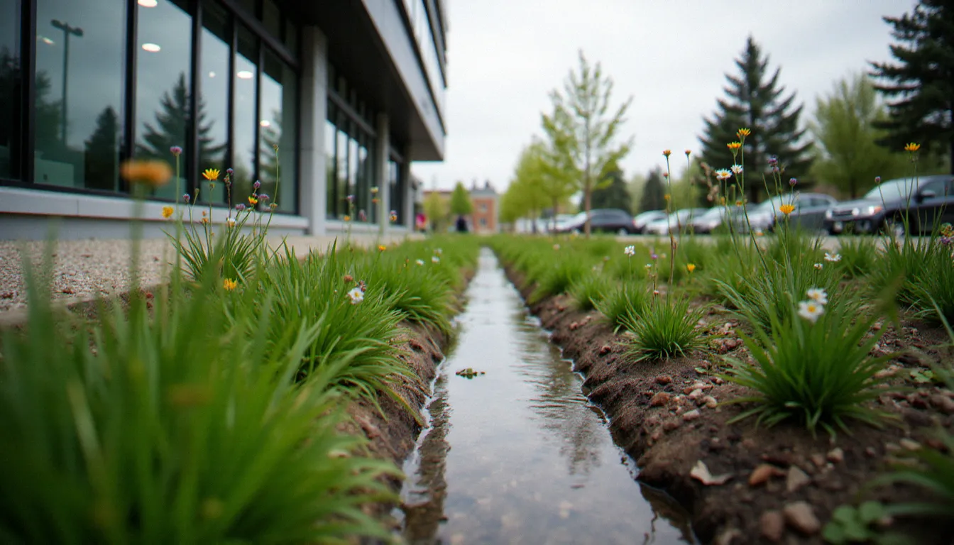 Noue végétalisée drainante pour la collecte et l'infiltration naturelle des eaux pluviales longeant un bâtiment tertiaire, solution de gestion pluviale à la source en milieu urbain