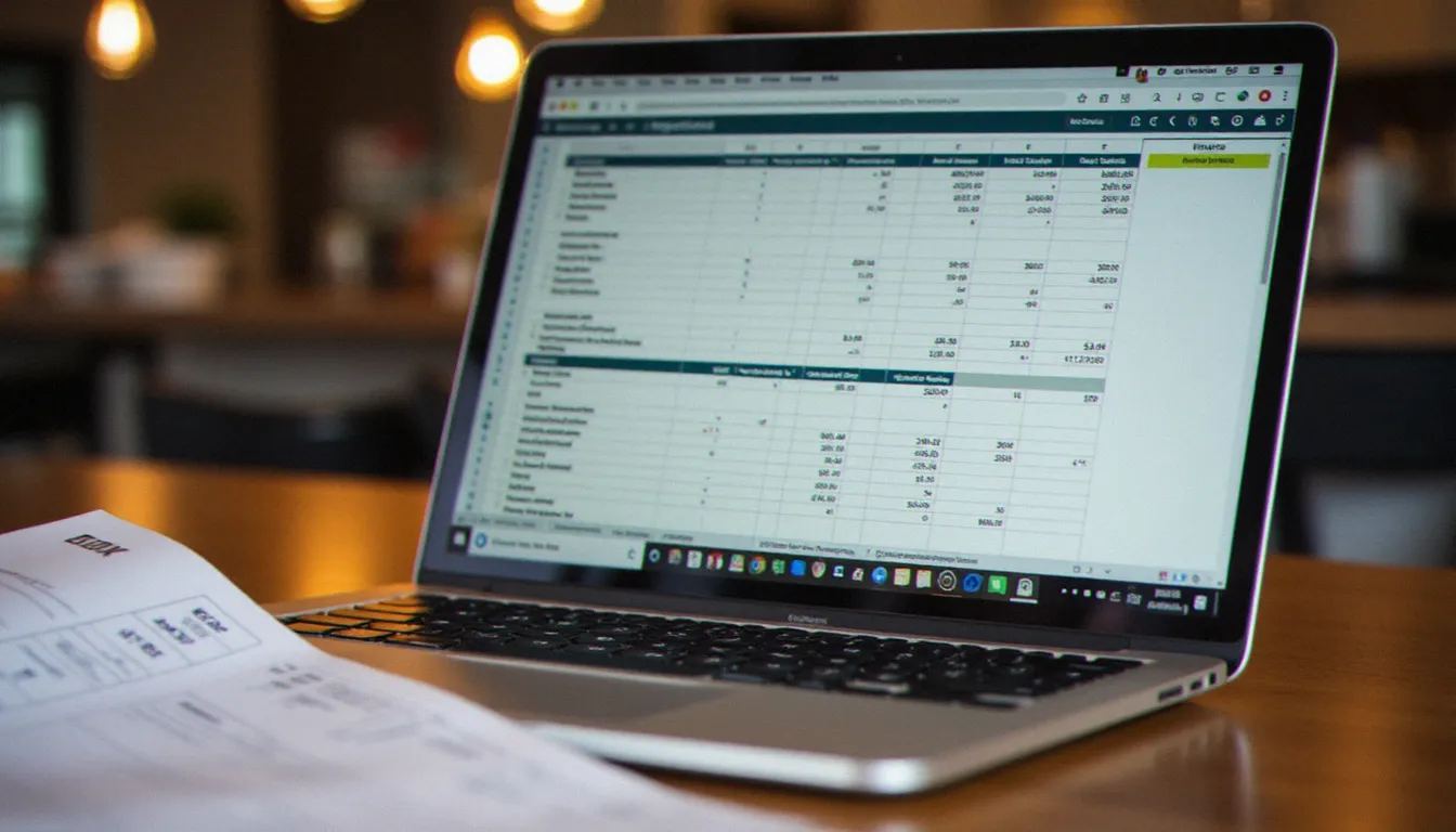 Écran d'ordinateur affichant un tableau de gestion des coûts de recettes cuisine avec factures fournisseurs sur un bureau de restaurateur