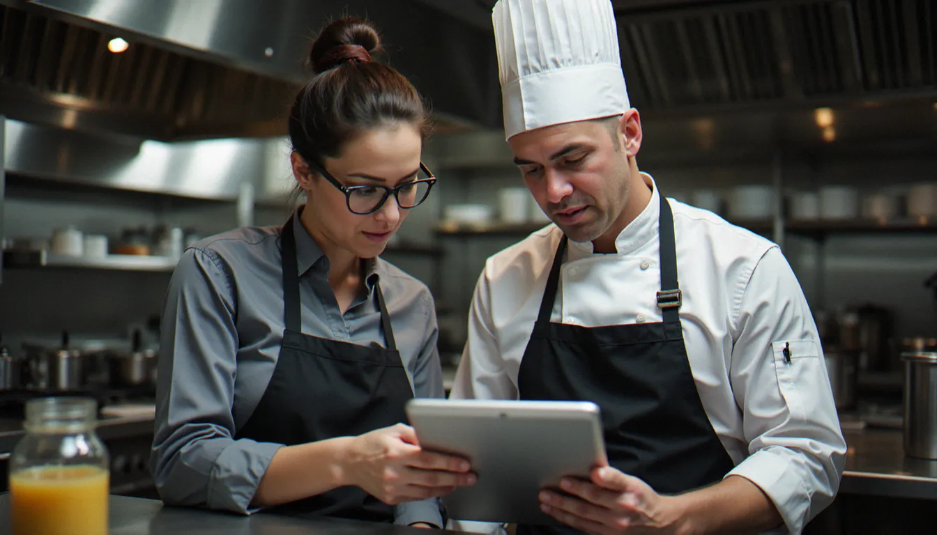 Responsable de restaurant et chef de cuisine consultant ensemble un logiciel de gestion de recettes sur tablette lors d'une réunion d'équipe en cuisine