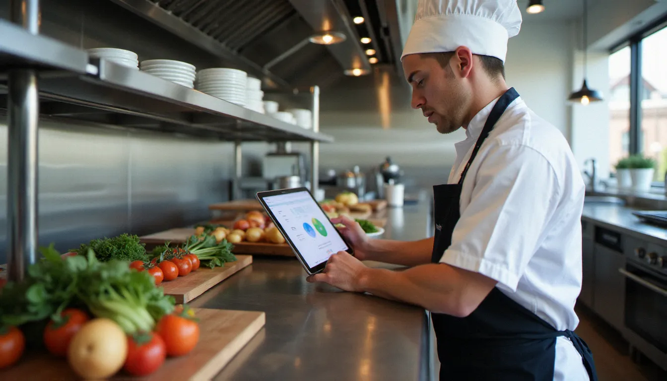 Chef consultant utilisant un logiciel gestion recette cuisine gratuit sur tablette dans une cuisine professionnelle moderne