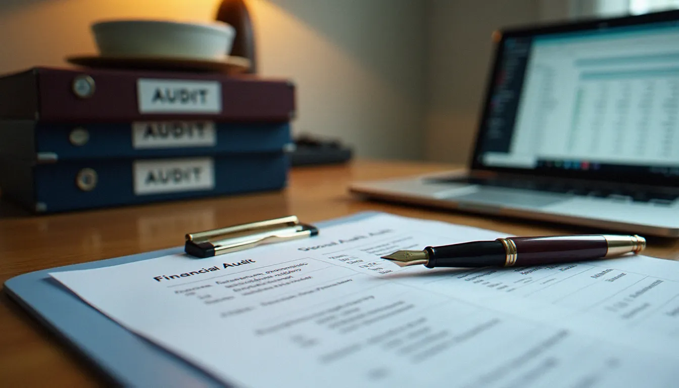 Bureau organisé d'un consultant patrimonial avec dossiers classés et tableur d'audit affiché sur un ordinateur portable, symbolisant la rigueur d'un audit patrimonial structuré