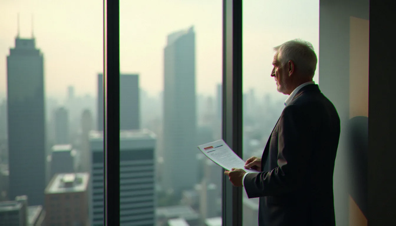 Dirigeant d'entreprise consultant un rapport de stratégie patrimoniale face à une vue urbaine, illustrant la délégation de la gestion de patrimoine à un cabinet spécialisé