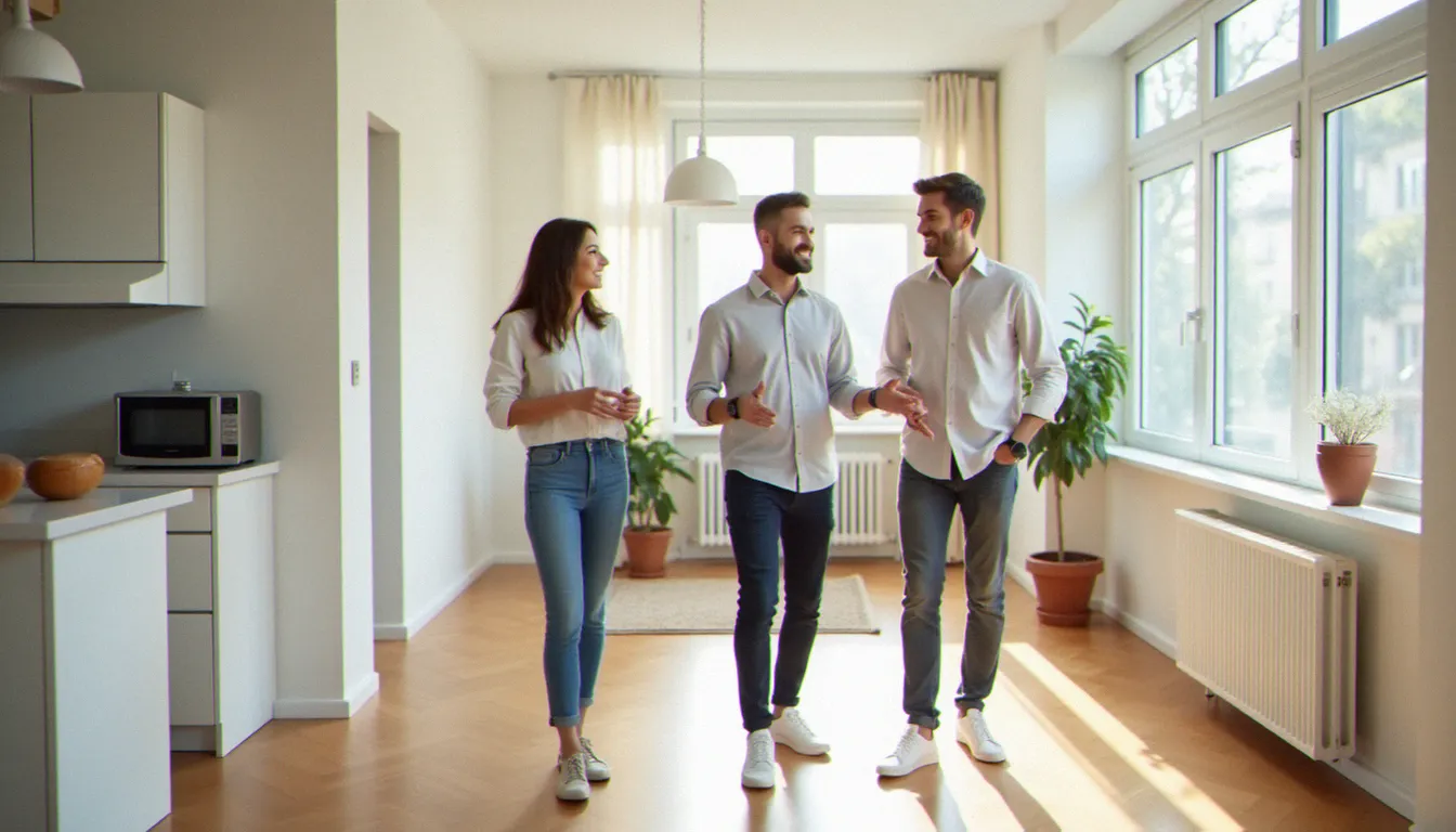 Visite d'appartement avec un agent immobilier présentant un bien locatif propre et lumineux à de futurs locataires