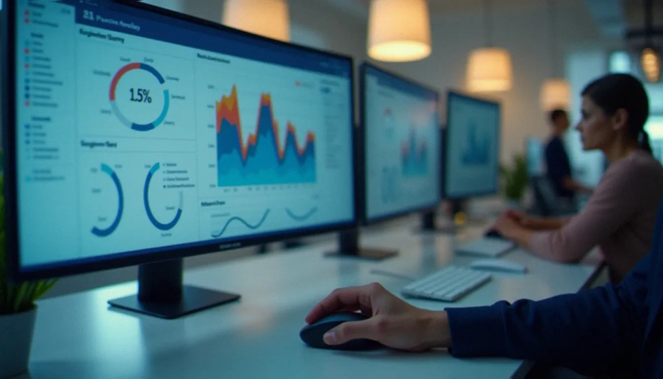 Interface de logiciel de gestion locative affichée sur un écran d'ordinateur dans un bureau professionnel, représentant les outils numériques de la gestion immobilière
