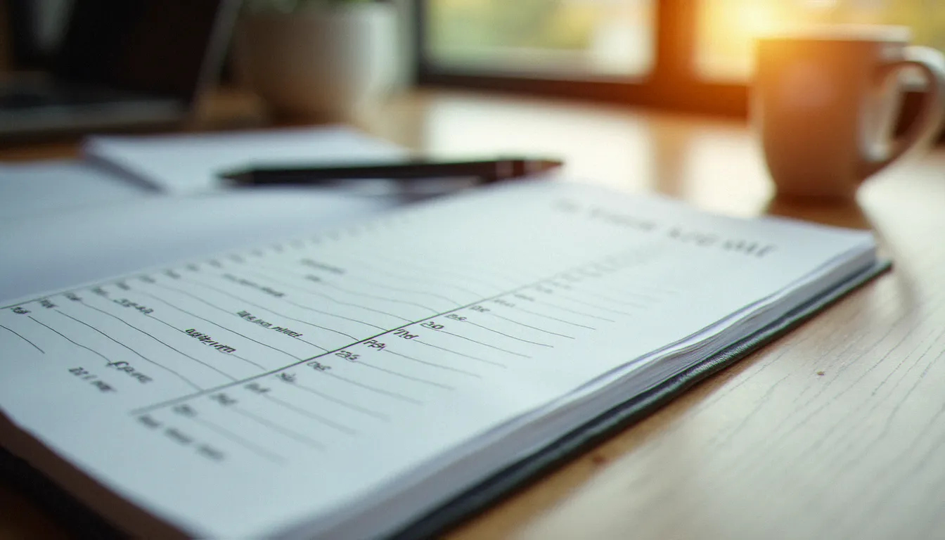 Journal de bord manuscrit ouvert sur un bureau en bois, utilisé pour réaliser un audit précis des voleurs de temps sur une semaine de travail.