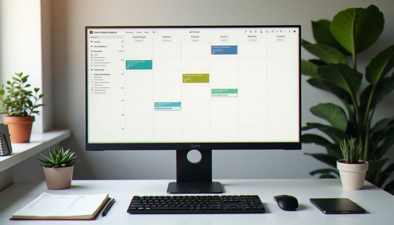 Bureau minimaliste avec un agenda numérique en time blocking affiché à l'écran, illustrant l'organisation structurée du temps grâce aux outils numériques adaptés.