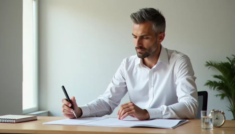 Consultant en gestion du temps assis à son bureau épuré, révisant un agenda papier structuré pour une meilleure gestion du temps au quotidien.