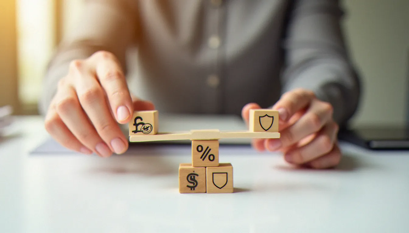 Balance symbolisant l'arbitrage entre rendement et sécurité dans un contrat d'assurance vie en gestion pilotée, vue rapprochée sur un bureau professionnel