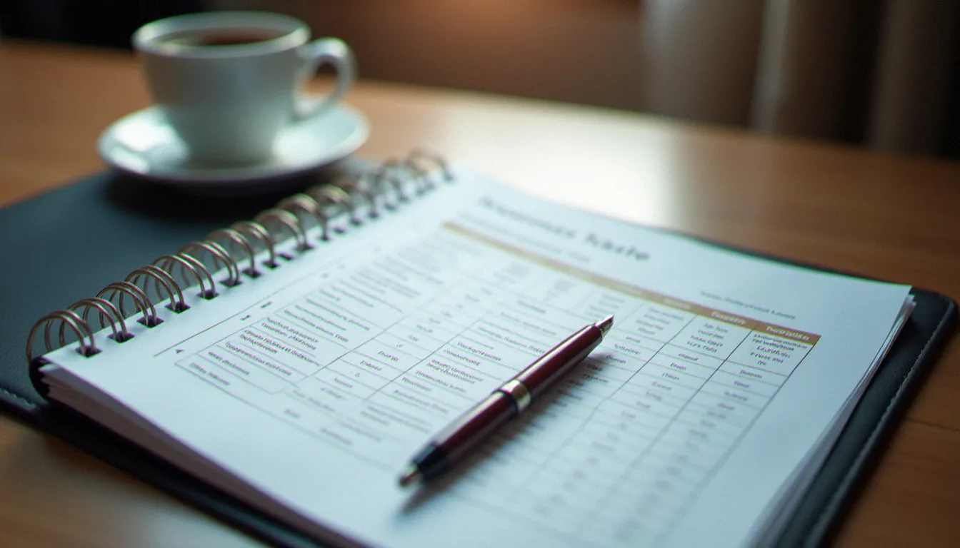Classeur ouvert présentant un tableau comparatif de profils de gestion pilotée assurance vie, posé sur un bureau en bois avec un stylo et une tasse de café