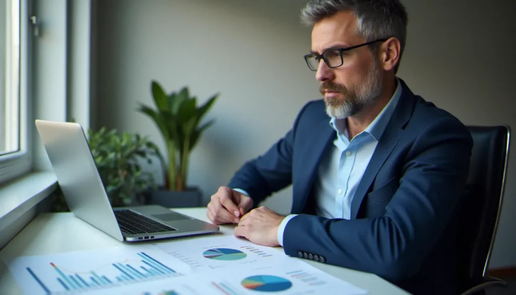 Consultant en gestion pilotée analysant des graphiques de performance d'assurance vie sur un bureau épuré, illustrant la meilleure gestion pilotée assurance vie