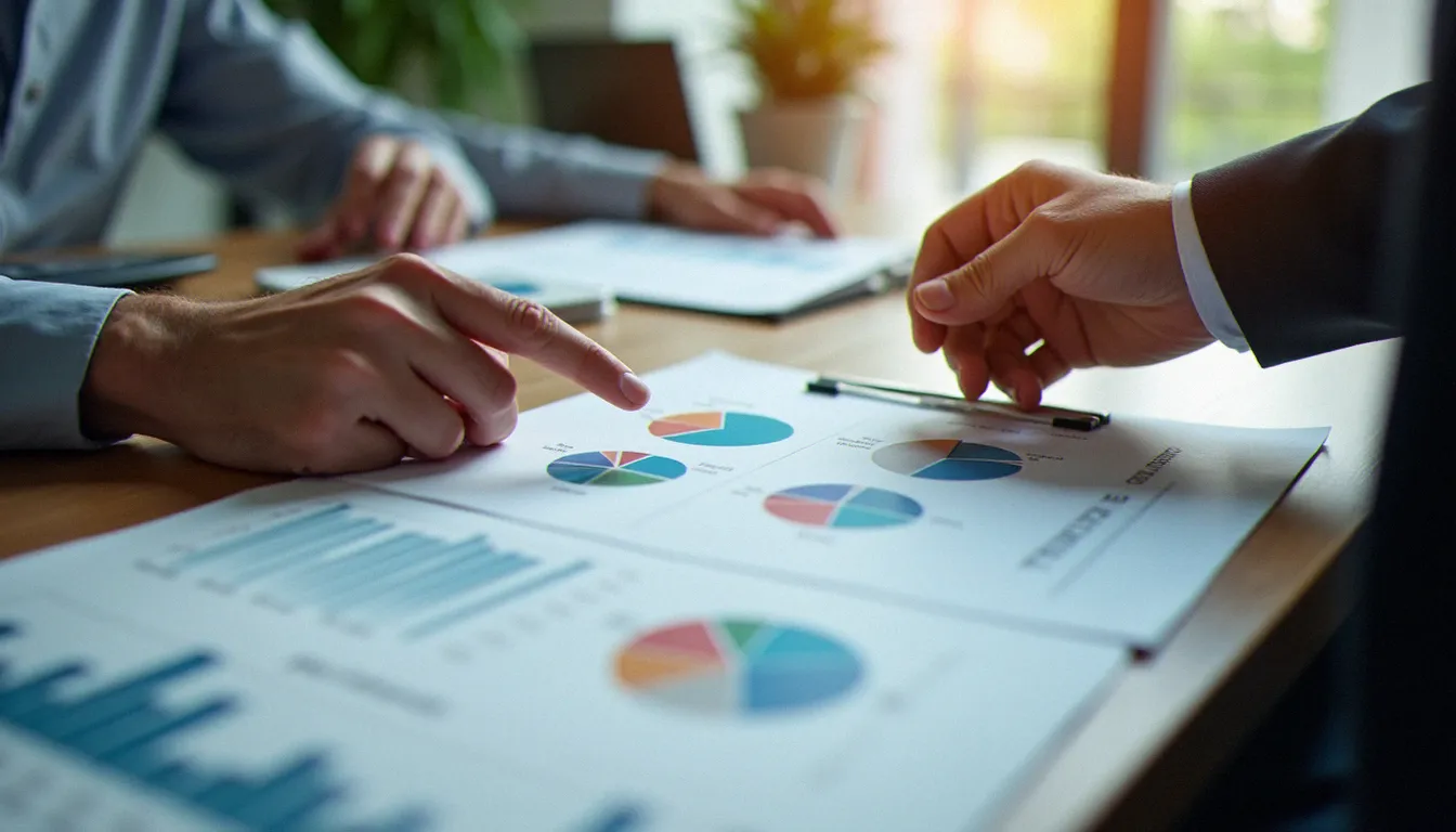 Conseiller et client examinant ensemble un rapport d'allocation de portefeuille dans le cadre d'une gestion pilotée PEA