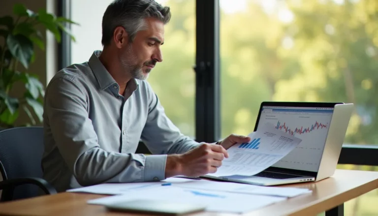 Consultant patrimonial analysant des graphiques de performance pour choisir la meilleure gestion pilotée PEA, dans un bureau lumineux