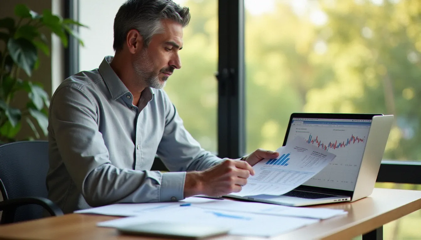 Consultant patrimonial analysant des graphiques de performance pour choisir la meilleure gestion pilotée PEA, dans un bureau lumineux