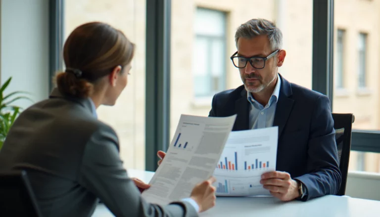 Conseiller en gestion de patrimoine examinant des documents financiers avec un client, illustration d'un rendez-vous de meilleurtaux gestion de patrimoine
