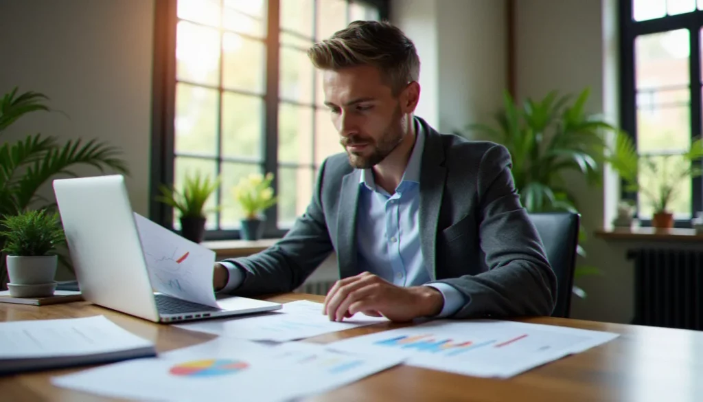 Consultant en gestion de patrimoine analysant un bilan patrimonial structuré dans un bureau professionnel ensoleillé, illustrant pourquoi la gestion de patrimoine est essentielle
