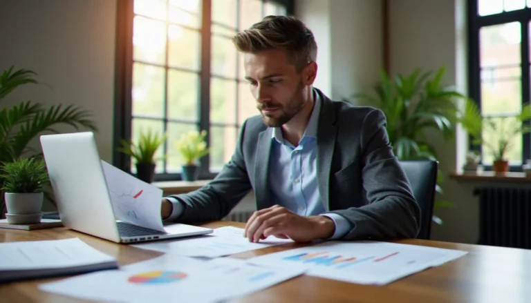 Consultant en gestion de patrimoine analysant un bilan patrimonial structuré dans un bureau professionnel ensoleillé, illustrant pourquoi la gestion de patrimoine est essentielle
