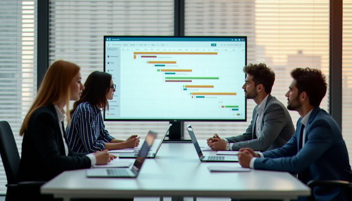 Équipe projet réunie autour d'un diagramme de Gantt lors d'une séance de planification méthodique en salle de réunion