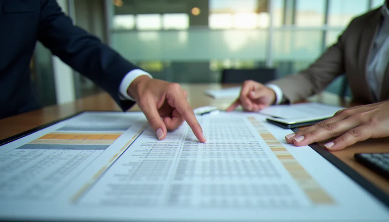 Deux professionnels comparant des offres de gestion et leurs grilles tarifaires lors d'une réunion