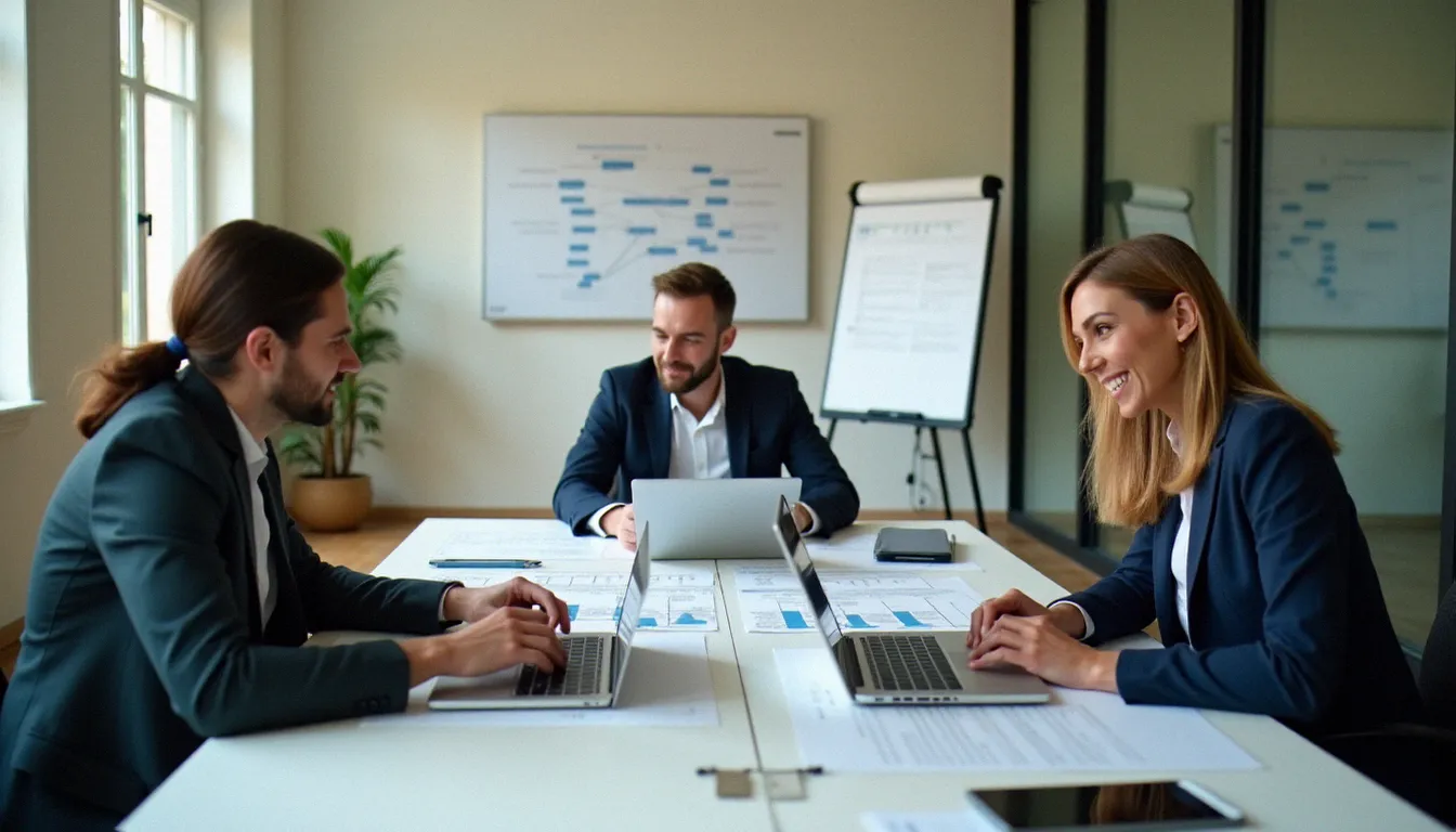 Équipe professionnelle en réunion de travail analysant les processus organisationnels pour optimiser le prix de gestion de leur structure