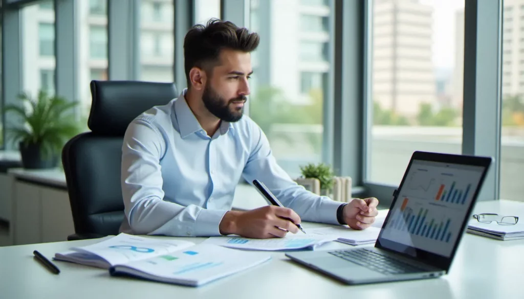 Gestionnaire de copropriété analysant les documents de prix gestion copropriété dans un bureau moderne et lumineux