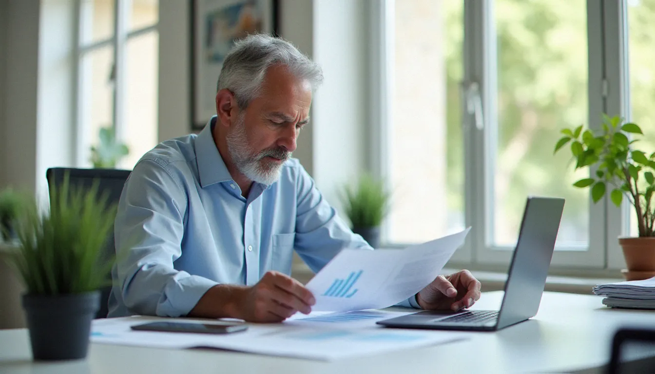 Consultant en gestion analysant des tableaux de prix gestion sur son bureau professionnel lumineux
