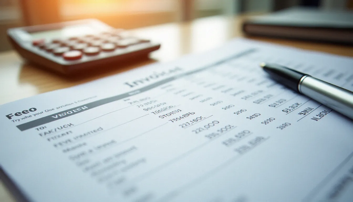 Tableau de frais détaillé de gestion locative posé sur un bureau avec calculatrice, illustrant la décomposition des honoraires