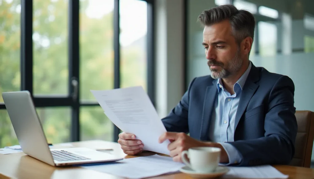 Consultant immobilier analysant un contrat de prix gestion locative Century 21 dans un bureau moderne et lumineux