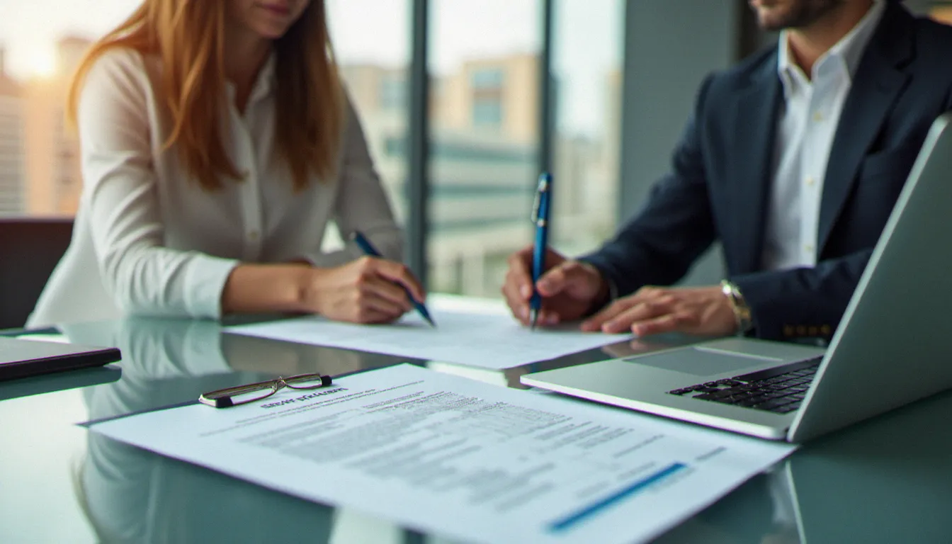 Un administrateur de biens analysant un contrat de prix gestion locative avec un propriétaire dans un bureau professionnel moderne