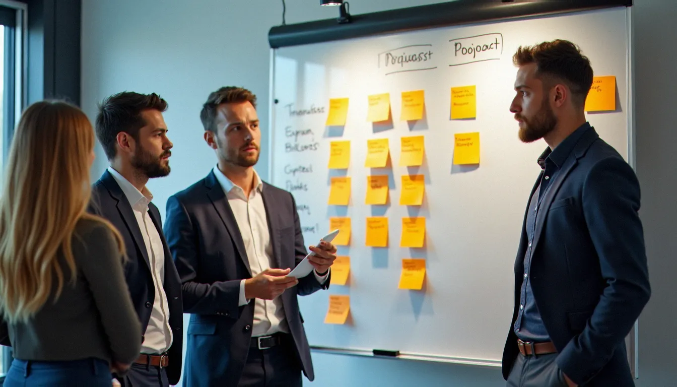 Équipe projet organisant les étapes de leur recette gestion de projet sur un tableau blanc avec des post-its colorés