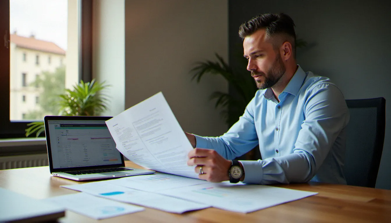 Consultant en gestion de projet analysant une recette gestion de projet sur un planning imprimé dans un bureau lumineux