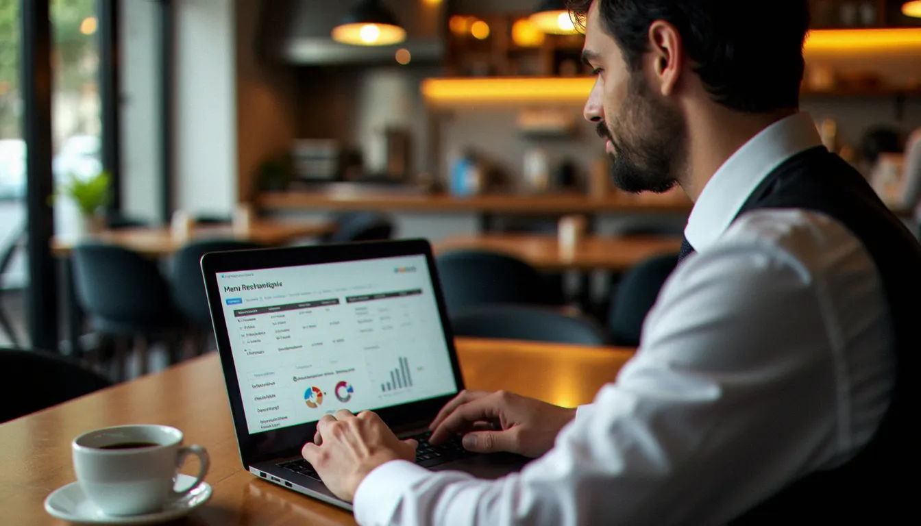 Responsable de restauration planifiant ses menus hebdomadaires sur un tableau de bord numérique de gestion des recettes