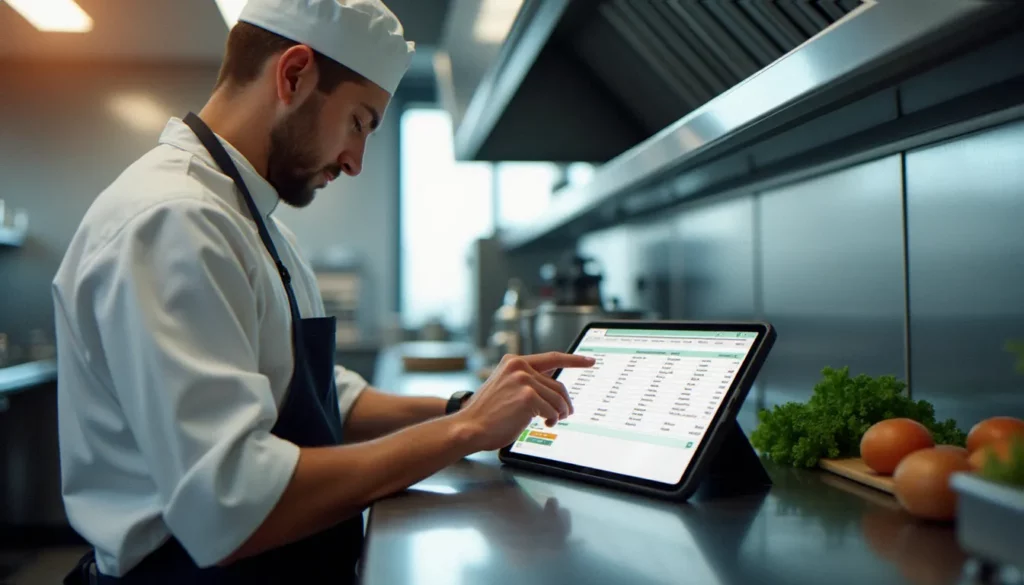 Chef consultant consultant une application gestion recette cuisine sur tablette dans une cuisine professionnelle moderne