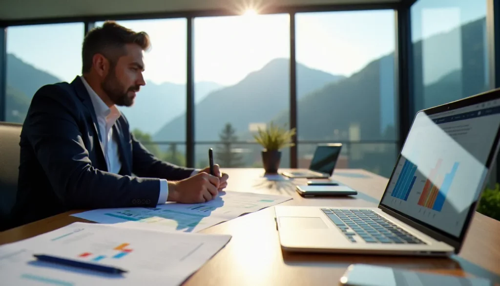 Consultant en bio gestion Switzerland analysant des tableaux de bord financiers et des documents organisationnels dans un bureau épuré avec vue sur un paysage suisse
