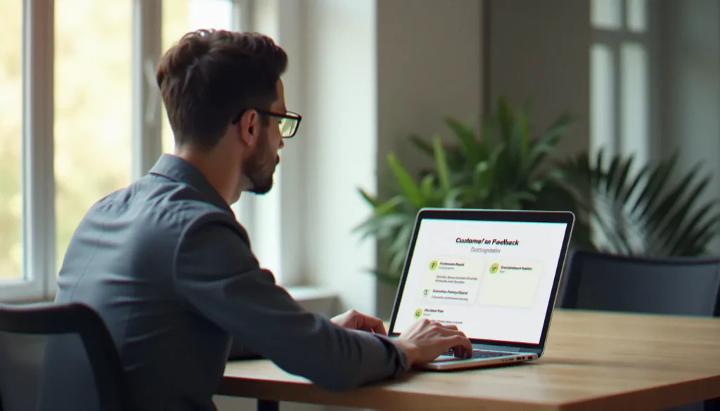 Un consultant en gestion consultant des avis clients sur son ordinateur portable dans un bureau minimaliste, illustrant la gestion avis professionnelle