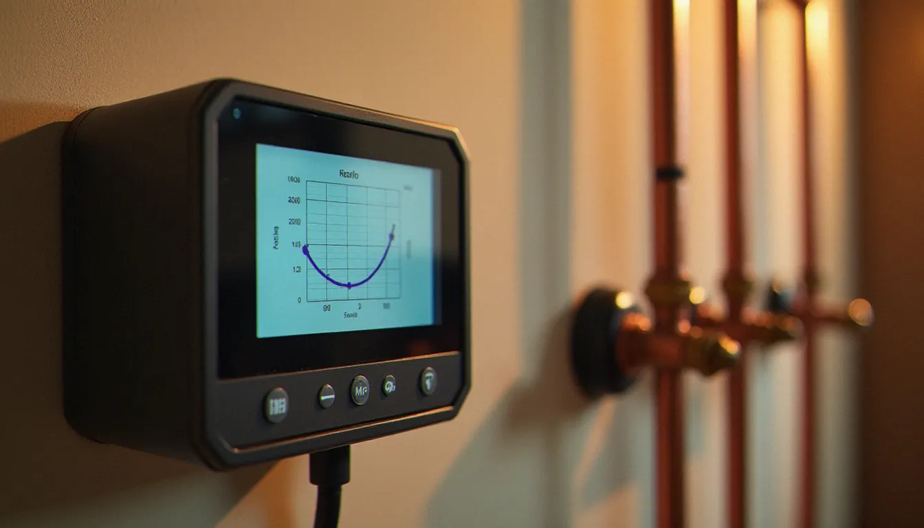 Régulateur de chauffage affichant une courbe de chauffe bioclimatique sur écran LCD, avec tuyauterie de chaudière en arrière-plan