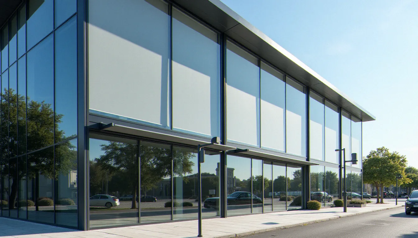 Façade vitrée d'un immeuble tertiaire à Montpellier avec stores extérieurs motorisés abaissés, pilotés par gestion bioclimatique automatique