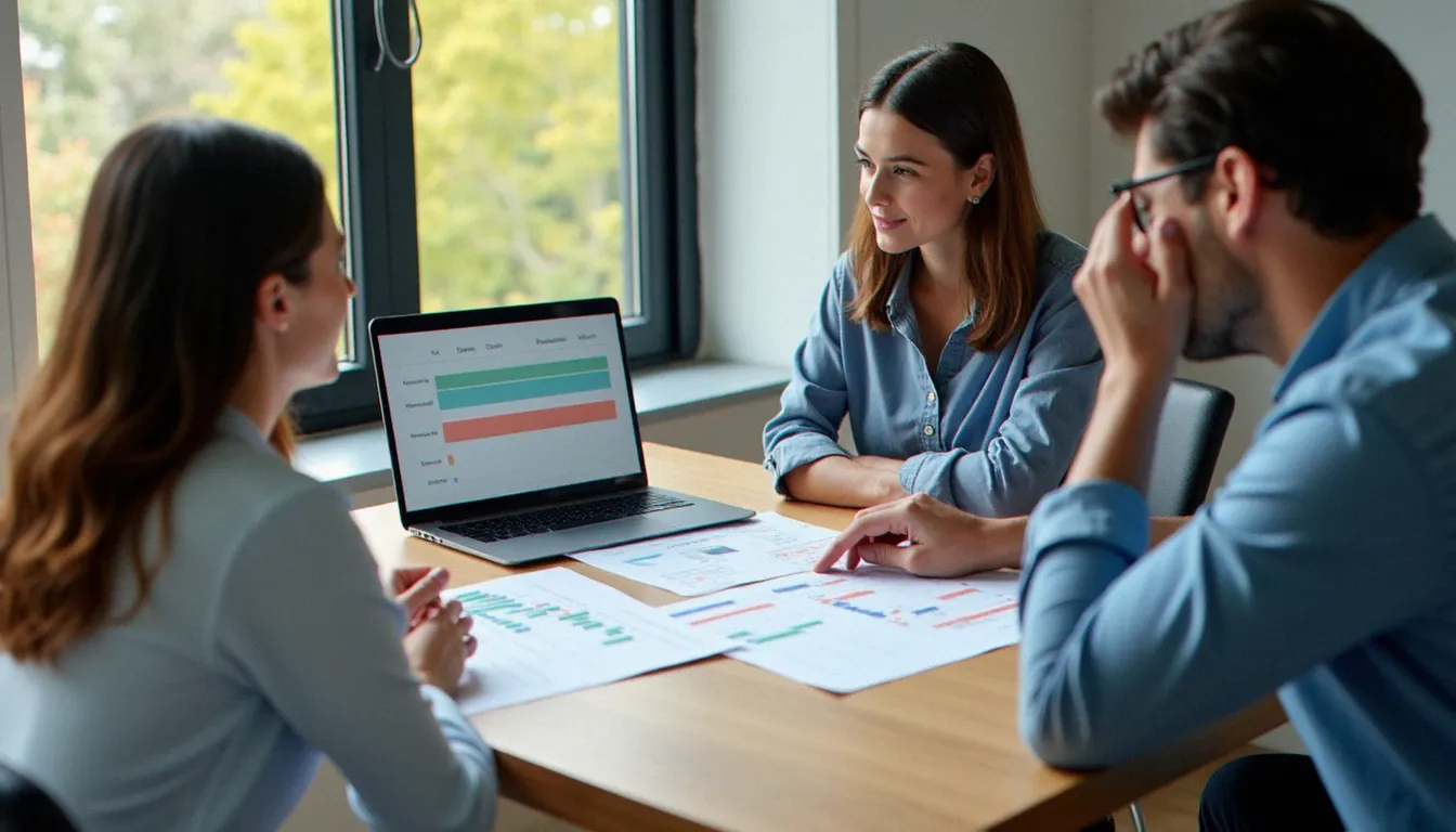 Équipe de trois professionnels en réunion de planification de projet autour d'un planning Gantt imprimé et d'un tableau de bord numérique