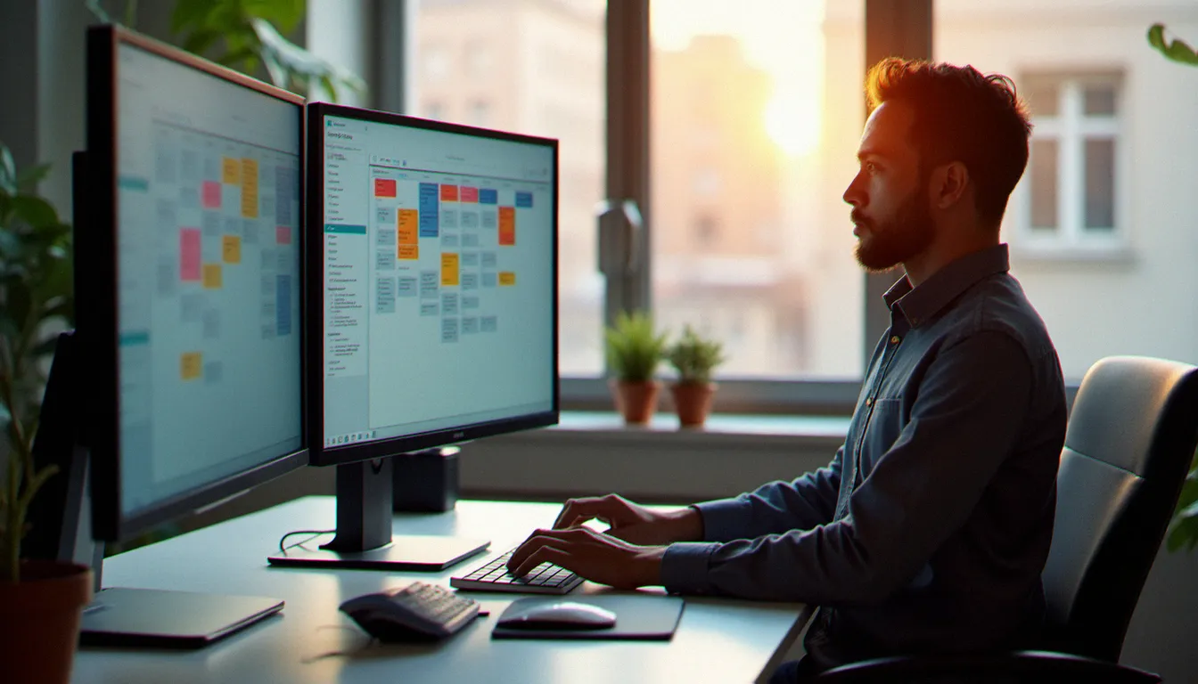 Professionnel utilisant un tableau Kanban numérique sur grand écran pour gérer et suivre les tâches d'un projet en cours