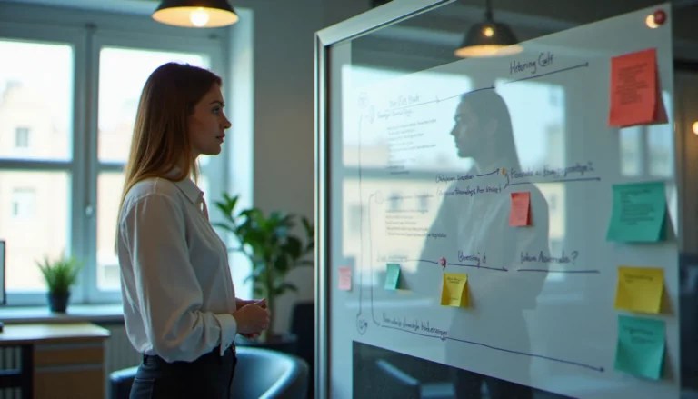 Chef de projet devant un tableau blanc avec un planning de gestion de projet structuré et des fiches de tâches colorées dans un bureau moderne