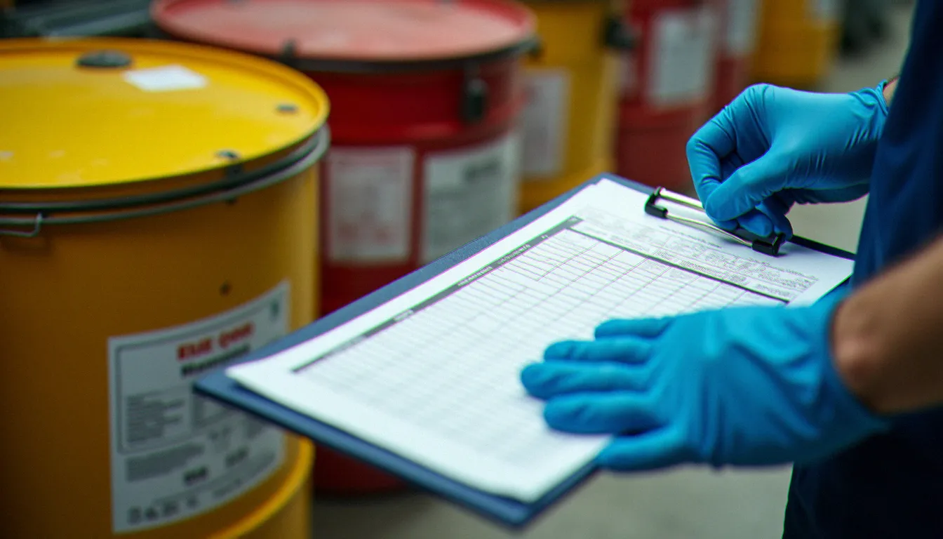 Employé remplissant un bordereau de suivi des déchets dangereux dans un entrepôt industriel