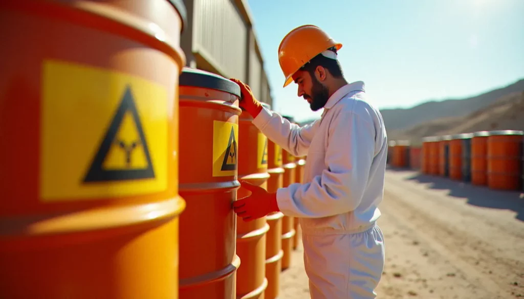 Zone de stockage de déchets dangereux dans une installation industrielle en Tunisie, avec des fûts étiquetés et un technicien en équipement de protection individuelle, illustrant la gestion des déchets dangereux en Tunisie