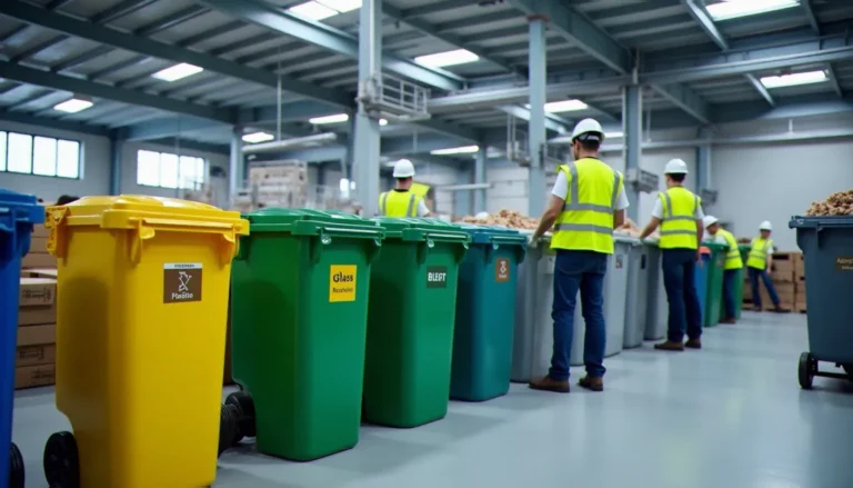 Zone de tri des déchets en entreprise avec bacs codifiés par couleur pour une gestion des déchets organisée
