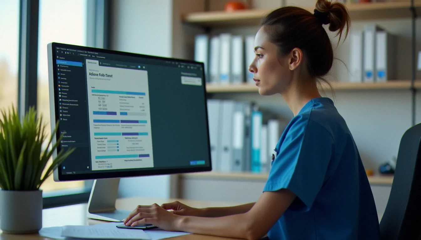 Infirmière saisissant un signalement d'effet indésirable dans un logiciel de gestion qualité dans un bureau clinique moderne