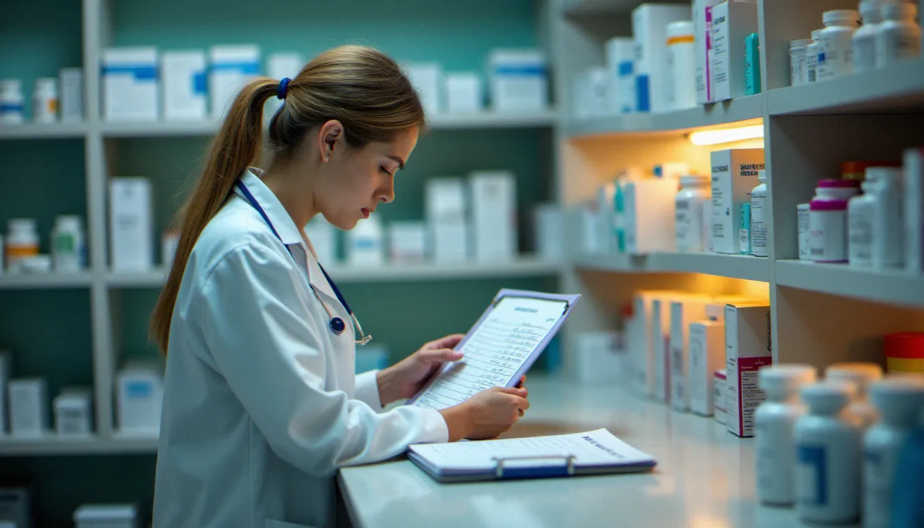 Pharmacien hospitalier vérifiant les obligations réglementaires de pharmacovigilance dans une pharmacie d'établissement de santé