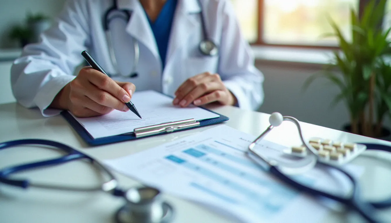Professionnel de santé consultant un formulaire de gestion des effets indésirables médicamenteux sur un bureau hospitalier